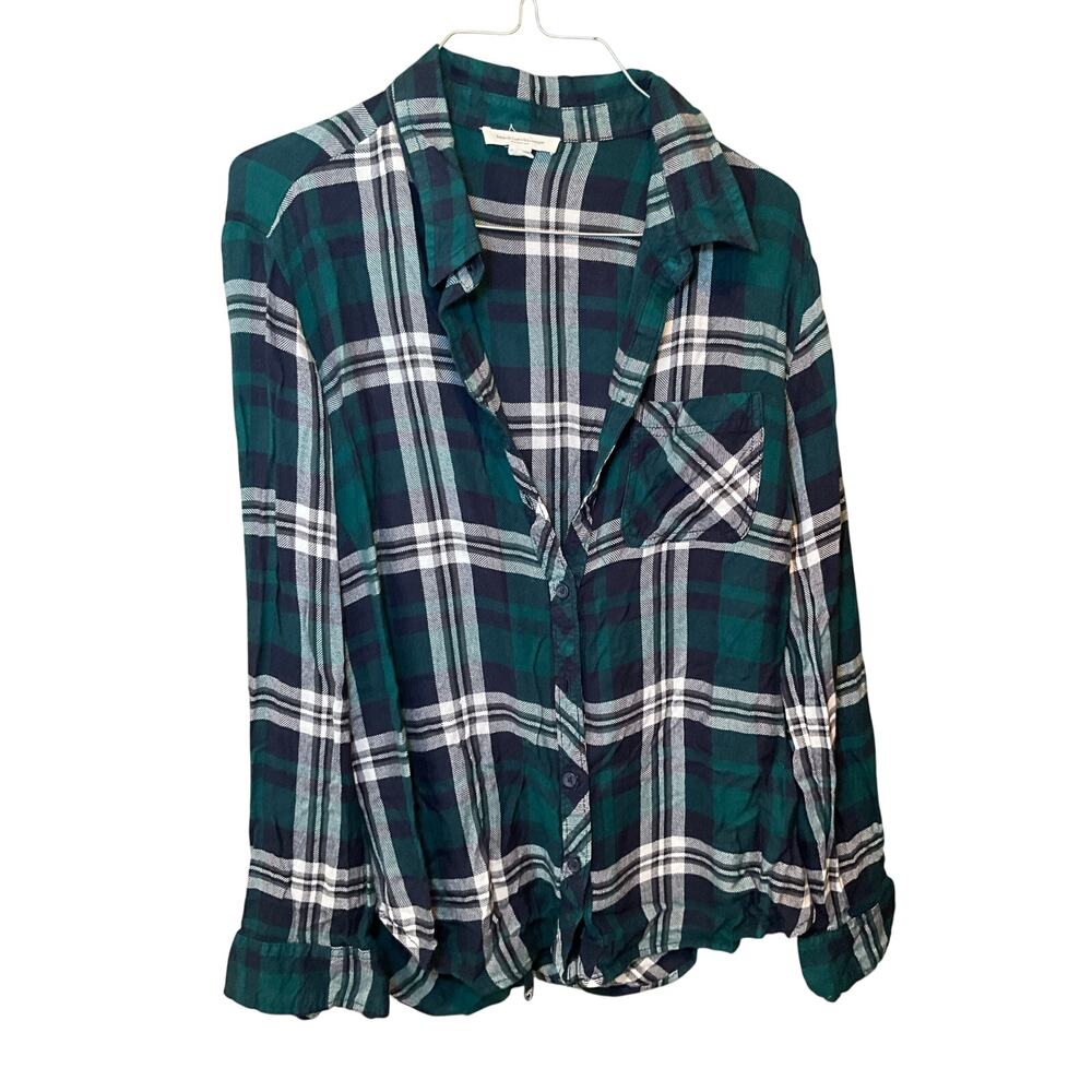 BeachLunchLounge Button-Up Shirt Long Sleeve Plaid Green/Multi Womens Size L NEW